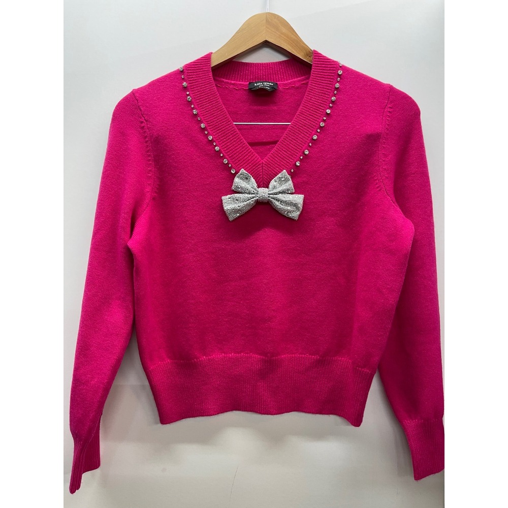 Kate Spade New York Pink Rhinestone V-Neck Sweater with Silver Bow Size S